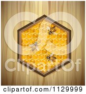 Poster, Art Print Of Bees On A Honey Comb Hexagon Over Wood