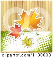 Clipart Of A Background Of Autumn Leaves Halftone And Wood Royalty Free Vector Illustration