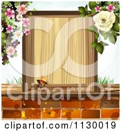 Clipart Of A Butterfly Wooden Box Flowers And Bricks Royalty Free Vector Illustration by merlinul