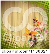 Poster, Art Print Of Butterfly Lily Flower And Wood Background With Halftone