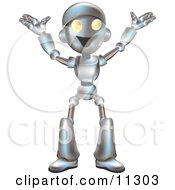 Friendly Futuristic Robot Happily Gesturing With His Arms Up Clipart Illustration
