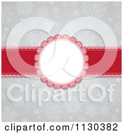 Clipart Of A Round Christmas Frame And Red Ribbon Over Gray Snowflakes Royalty Free Vector Illustration by KJ Pargeter