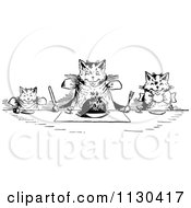 Retro Vintage Black And White Happy Cats Eating At A Table