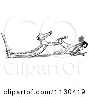 Clipart Of A Retro Vintage Black And White Crocodile Tugging Against A Rabbit And Boy Royalty Free Vector Illustration