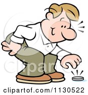 Cartoon Of A Businessman Crouching To Pick Up A Coin Royalty Free Vector Clipart by Johnny Sajem