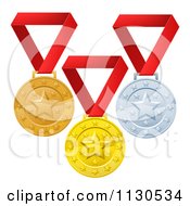 Poster, Art Print Of Gold Bronze And Silver Placement Award Winner Medals On Red Ribbons