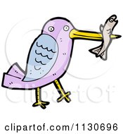 Cartoon Of A Purple Bird Eating A Fish Royalty Free Vector Clipart