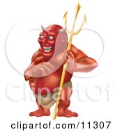 Laughing Horned Devil Holding A Pitchfork Clipart Illustration by AtStockIllustration
