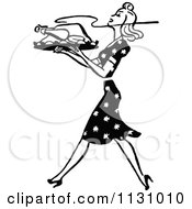 Clipart Of A Retro Vintage Black And White Housewife Carrying A Roasted Turkey Royalty Free Vector Illustration
