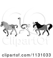 Clipart Of A Retro Vintage Black And White Zebra Ostrich And Horned Beast Royalty Free Vector Illustration