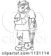 Outlined Injured Boy With A Crutch And Sling