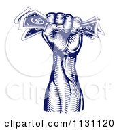 Clipart Of A Blue Woodcut Revolutionary Fist Holding Money Royalty Free Vector Illustration by AtStockIllustration