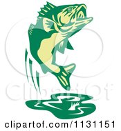 Clipart Of A Retro Green Jumping Largemouth Bass Fish Royalty Free Vector Illustration
