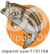 Clipart Of A Retro Leaping Largemouth Bass Fish Over An Orange Circle Royalty Free Vector Illustration by patrimonio