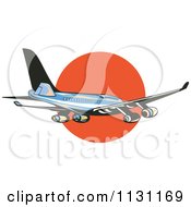Poster, Art Print Of Retro Blue Commercial Airliner Plane Against The Sunset
