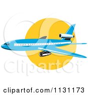 Poster, Art Print Of Retro Blue Commercial Airliner Plane Against The Sun