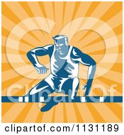 Clipart Of A Retro Male Athlete Jumping A Hurdle Over Rays Royalty Free Vector Illustration