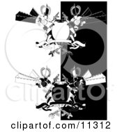 Two Manga Style Futuristic Robots Holding Laser Guns By A Blank Shield And Banner Clipart Picture