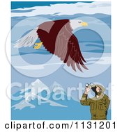 Bird Watcher Viewing A Bald Eagle In Mountains