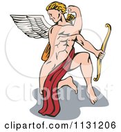 Clipart Of A Strong Cupid Kneeling And Reaching For An Arrow Royalty Free Vector Illustration
