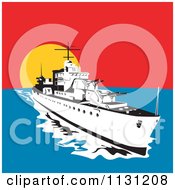 Clipart Of A Retro Military Battleship With Big Guns At Sunset Royalty Free Vector Illustration