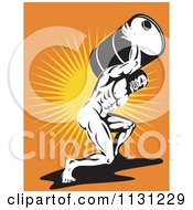 Clipart Of A Retro Atlas Strong Man Carrying A Burden Oil Barrel Over Rays Royalty Free Vector Illustration by patrimonio