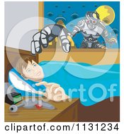 Boy Thinking Of Robots As He Sets His Ray Gun On A Night Stand At Bedtime