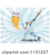 Poster, Art Print Of Retro Male Baseball Athlete Hitting A Flaming Ball Over Rays