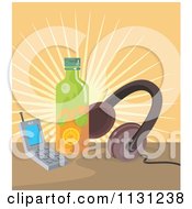 Clipart Of A Juice Bottle Cell Phone And Headphones With Rays Royalty Free Vector Illustration