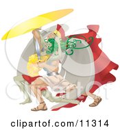 A Scene Depicting Perseus Beheading Medusa With A Sword Clipart Illustration