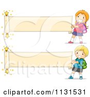 Cartoon Of School Children Unrolling Paper Banners Royalty Free Vector Clipart