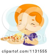 Poster, Art Print Of Boy Eating A Cheesy Slice Of Pizza