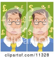 Man With Backgrounds Of Euro Pounds And Dollars