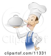 French Male Chef Carrying A Silver Serving Platter Of Food Clipart Illustration