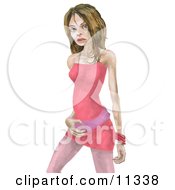 Model Wearing A Pink Dress And Purple Belt Clipart Illustration by AtStockIllustration