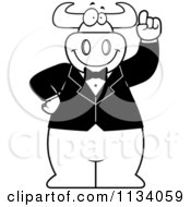 Cartoon Clipart Of An Outlined Bull Wearing A Tux And Holding Up An Idea Finger Black And White Vector Coloring Page