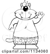 Cartoon Clipart Of An Outlined Cat Waving And Wearing Boxers Black And White Vector Coloring Page