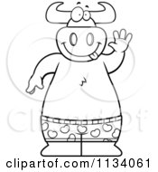Cartoon Clipart Of An Outlined Happy Bull Wearing Boxes And Waving Black And White Vector Coloring Page