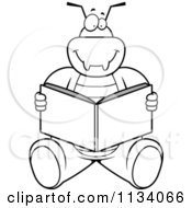 Cartoon Clipart Of An Outlined Bug Reading Black And White Vector Coloring Page