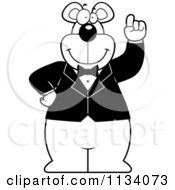 Cartoon Clipart Of An Outlined Bear Wearing A Tux And Holding Up An Idea Finger Black And White Vector Coloring Page