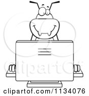 Cartoon Clipart Of An Outlined Bug Using A Computer Black And White Vector Coloring Page