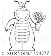 Cartoon Clipart Of An Outlined Bug Holding Flowers Black And White Vector Coloring Page