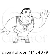 Cartoon Clipart Of An Outlined Buff Olympic Athlete Man Waving Black And White Vector Coloring Page