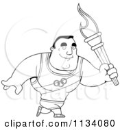 Cartoon Clipart Of An Outlined Buff Olympic Athlete Man Walking With A Torch Black And White Vector Coloring Page