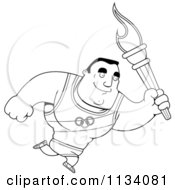Cartoon Clipart Of An Outlined Buff Olympic Athlete Man Running With A Torch Black And White Vector Coloring Page