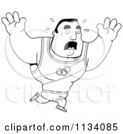 Cartoon Clipart Of An Outlined Buff Olympic Athlete Man Running In Fear Black And White Vector Coloring Page by Cory Thoman