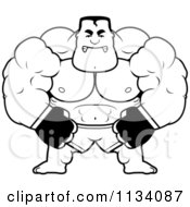 Cartoon Clipart Of An Outlined Angry Buff MMA Fighter Black And White Vector Coloring Page