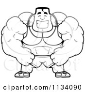Cartoon Clipart Of An Outlined Happy Buff Bodybuilder Black And White Vector Coloring Page