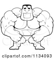 Cartoon Clipart Of An Outlined Happy Buff Super Hero Guy Black And White Vector Coloring Page