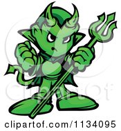 Tough Green Devil Holding Up A Fist And Trident